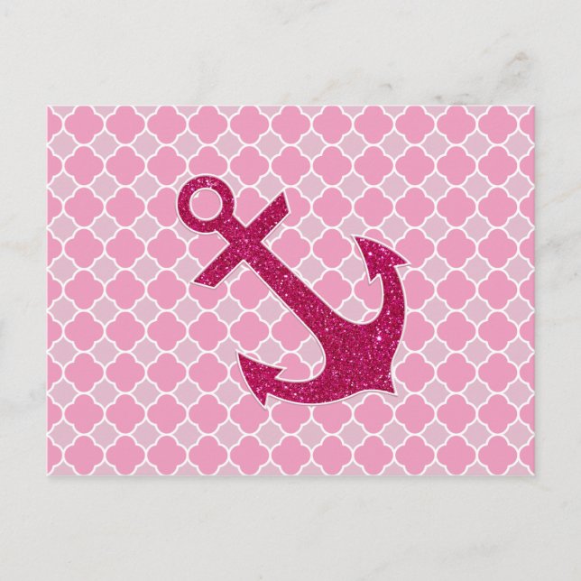 Pink Quatrefoil Pattern Glitter Sparkles Anchor Postcard (Front)