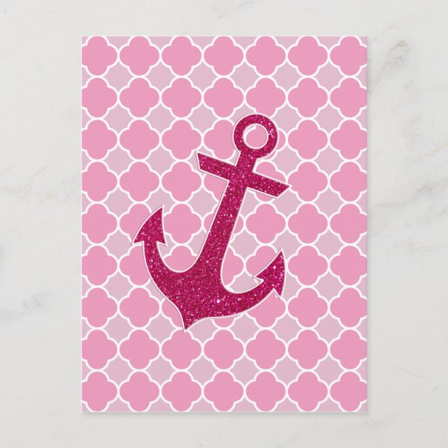 Pink Quatrefoil Pattern Glitter Sparkles Anchor Postcard (Front)