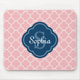 Pink Quatrefoil Pattern Navy Monogram Mouse Pad