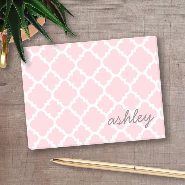 Pink Quatrefoil Pattern with Grey Script Name Post-it Notes (Personalized Post-it notes - add your name and other text)