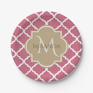 Pink Quatrefoil With Girly Monogram and Name Paper Plate