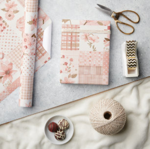 Pink Quilt Gingham Cottagecore Floral Wrapping Paper