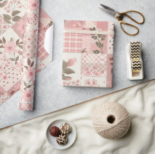 Pink Quilt Gingham Cottagecore Floral Wrapping Paper