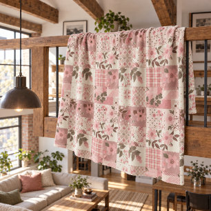Pink Quilt Patchwork Gingham Cottagecore Floral Fleece Blanket