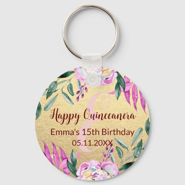 Pink Quinceanera 15th birthday party floral gold  Key Ring (Front)
