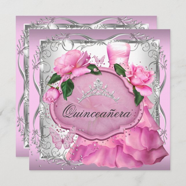 Pink Quinceanera 15th Party Rose Tiara Invitation (Front/Back)