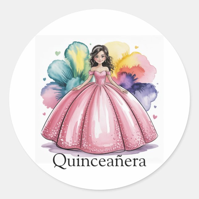 Pink Quinceañera Ball Gown Art Classic Round Sticker (Front)