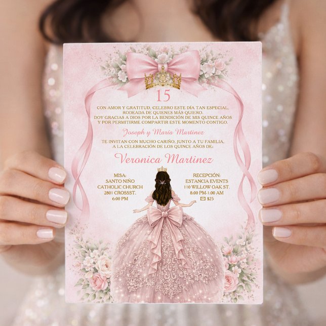 Pink Quinceañera Blush Bow Floral Sweet Invitation (Creator Uploaded)