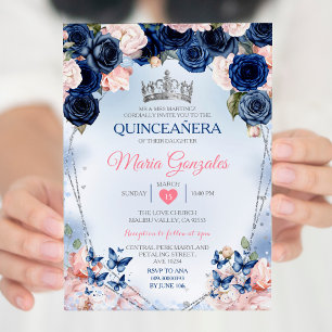 Pink Quinceañera Crown Navy Butterfly 15 Anos Invitation