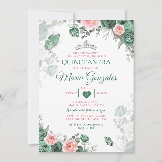 Pink Quinceañera Dusty Green Crown Butterfly Invitation (Front)