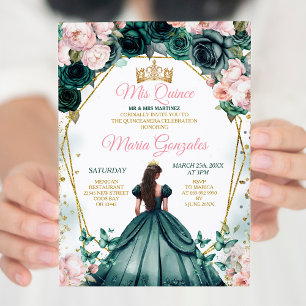 Pink Quinceañera Emerald Green Gold Crown Floral Invitation