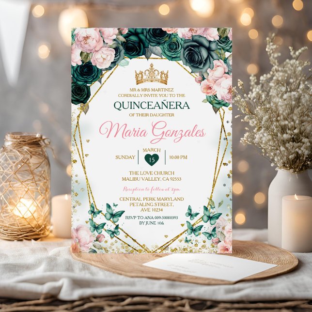Pink Quinceañera Emerald Green Mexican Butterfly Invitation (Creator Uploaded)