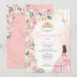 Pink Quinceañera Floral and Gold Glitter Princess Invitation