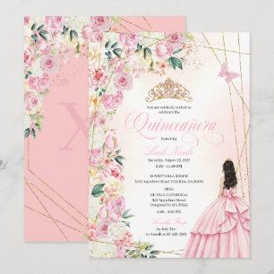 Pink Quinceañera Floral and Gold Glitter Princess Invitation