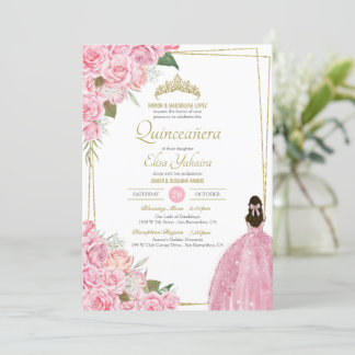 Pink Quinceanera Floral Rose Quince Elegant Gown I Invitation
