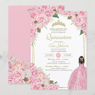 Pink Quinceanera Floral Rose Quince Elegant Gown Invitation