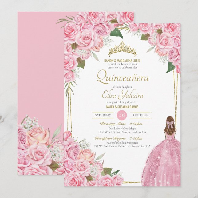 Pink Quinceanera Floral Rose Quince Elegant Gown Invitation (Front/Back)
