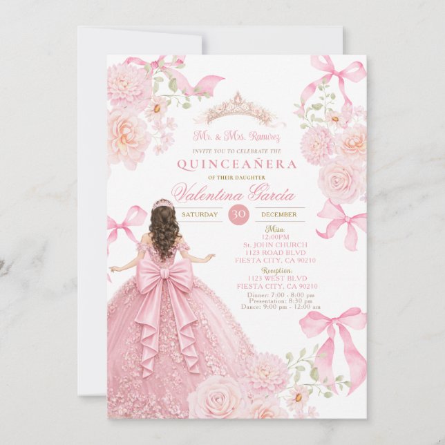 Pink Quinceañera Invitation with Bow Dress (Front)