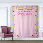 Pink Quinceanera Photo Backdrop Mexican Party Tapestry<br><div class="desc">Pink Quinceanera photo backdrop, personalised with your name and celebration date. This large pink tapestry is a great size for your photo booth backdrop for taking precious snaps of yourself and your guests. The Mexican Fiesta flowers make a lovely floral frame for your photo background. This design is perfectly suited...</div>