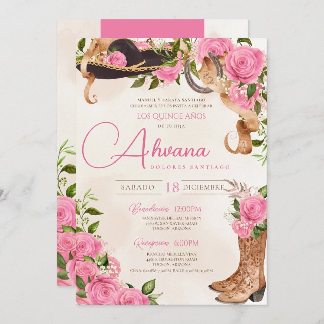 Pink Quinceanera Roses Vintage Charro Western Invitation (Front/Back)
