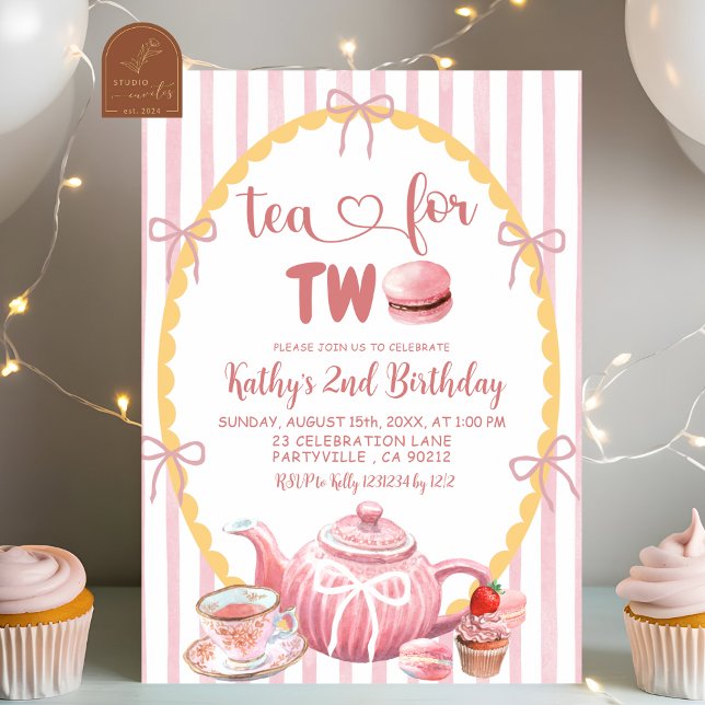 Pink Quirky Illustration Tea for Two 2nd Birthday  Invitation (Creator Uploaded)