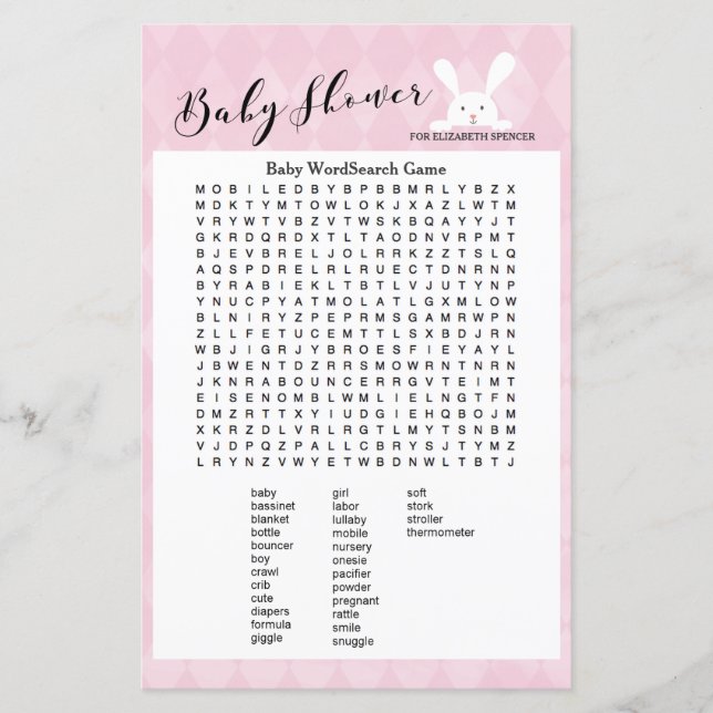 Pink Rabbit Baby Shower Animal Name Game (Front)