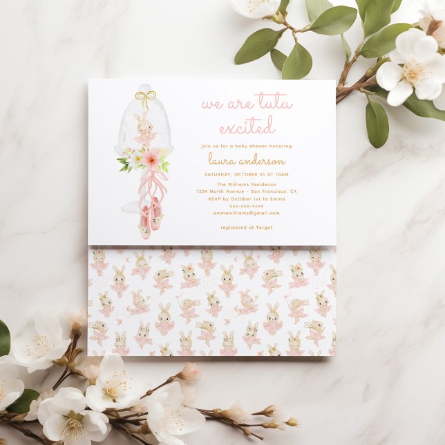 Pink Rabbit Ballerina Baby Shower Invitation (landscape ballerina watercolor baby shower invitation)