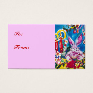 PINK RABBIT,CHRISTMAS CANDLES AND HOLLYBERRIES