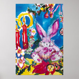 PINK RABBIT,CHRISTMAS CANDLES AND HOLLYBERRIES POSTER