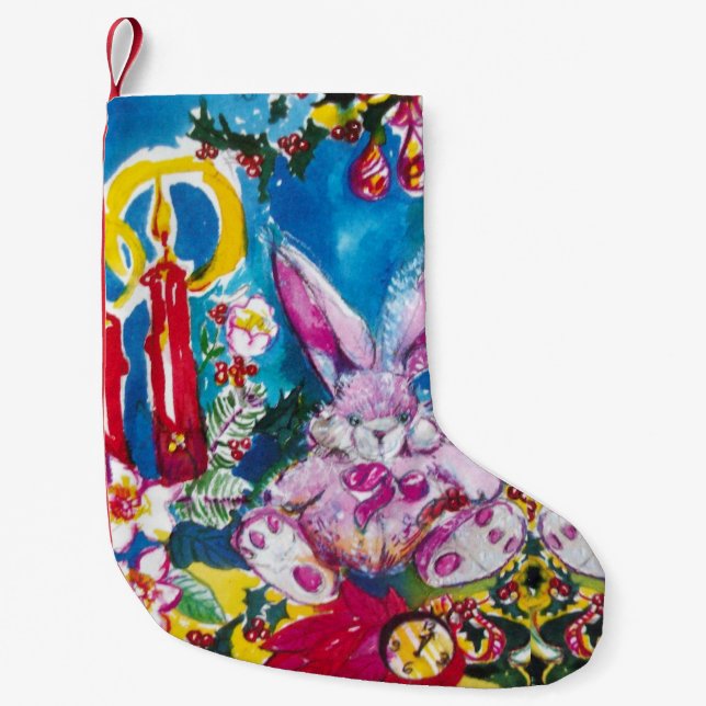 PINK RABBIT,CHRISTMAS CANDLES AND HOLLYBERRIES SMALL CHRISTMAS STOCKING (Front)