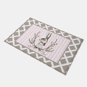 Pink Rabbit Cotton Watercolor French Country  Doormat