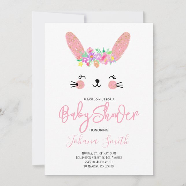 Pink Rabbit Face Baby Shower Invitation (Front)