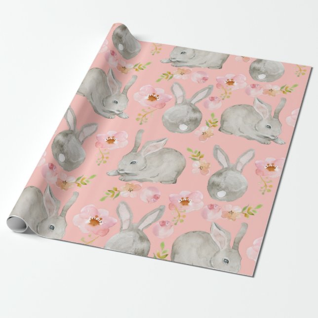Pink. Rabbits and Flowers. Wrapping Paper (Unrolled)