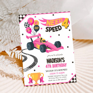 Pink Race Car 4th Birthday Invitation