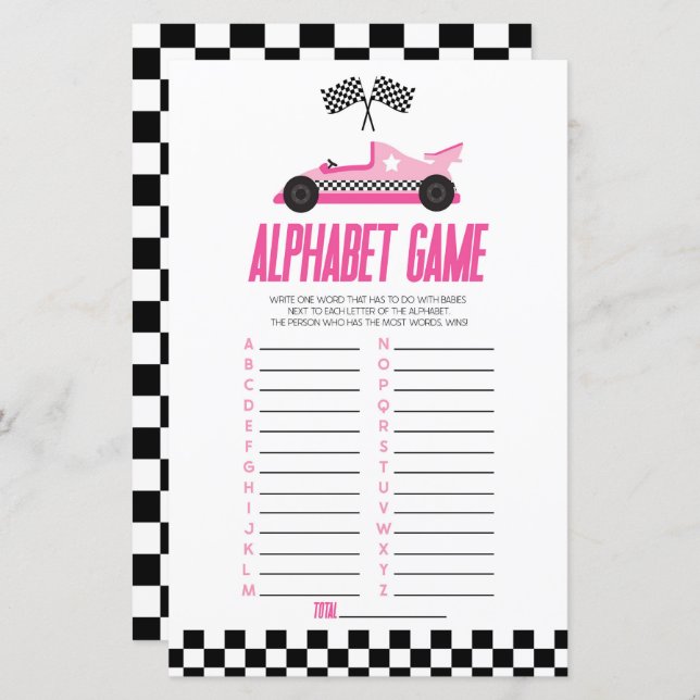 Pink Race Car Alphabet Baby Shower Game (Front/Back)