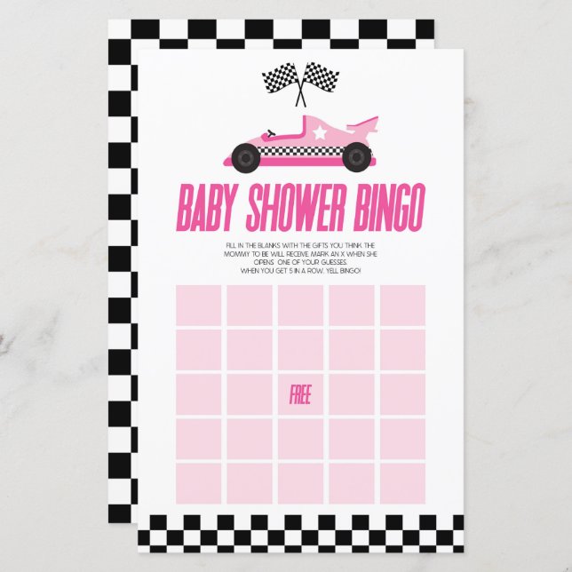 Pink Race Car Bingo Baby Shower Game (Front/Back)