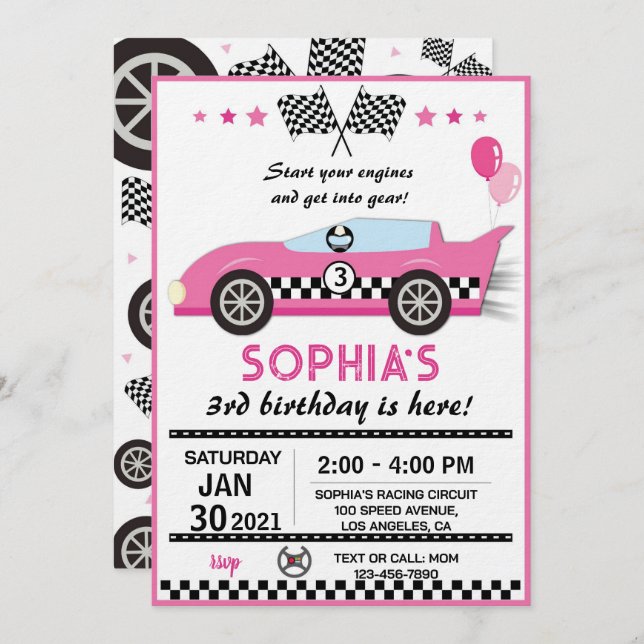 Pink Race Car Birthday Party Invitation (Front/Back)