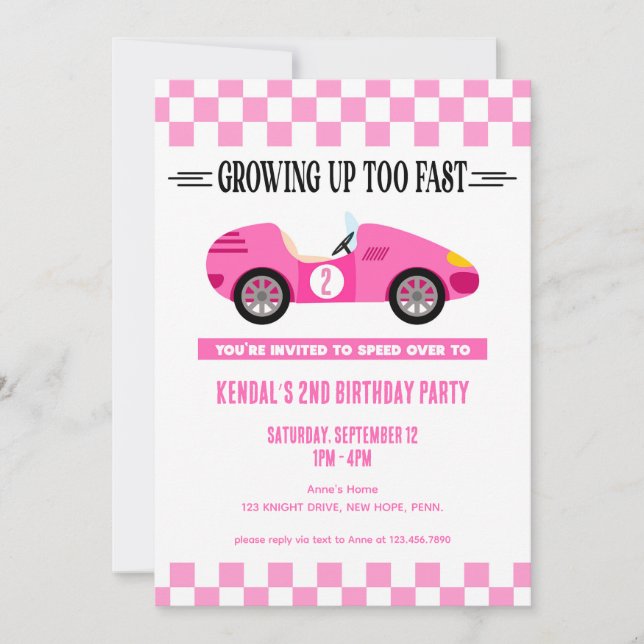 Pink Race Car Birthday, Racing Car Vintage Invitation (Front)