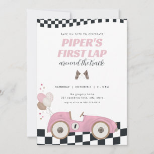 Pink Race Car First Lap Around the Track Birthday Invitation