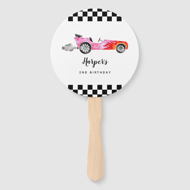Pink Race Car Girl Birthday Party Photo Hand Fan (Front)