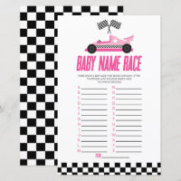 Pink Race Car Name Race Baby Shower Game
