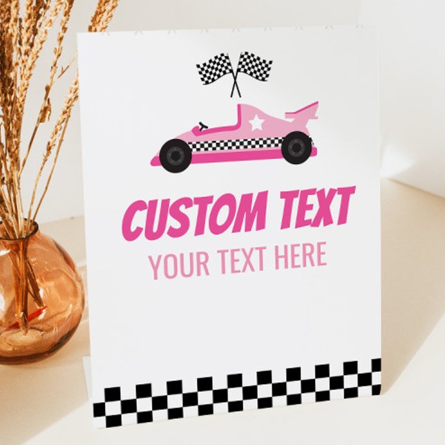 Pink Race Car Racecar Custom Text Party Pedestal Sign (Creator Uploaded)