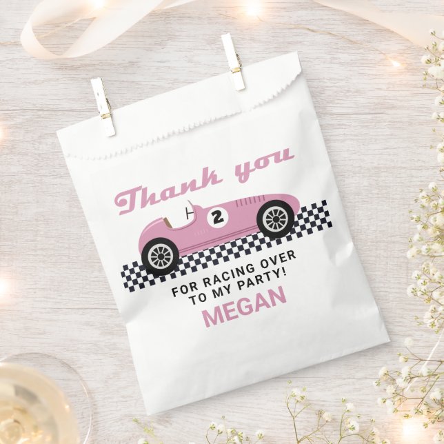 Pink Race Car Racing Birthday Party Favour Bags (Clipped)