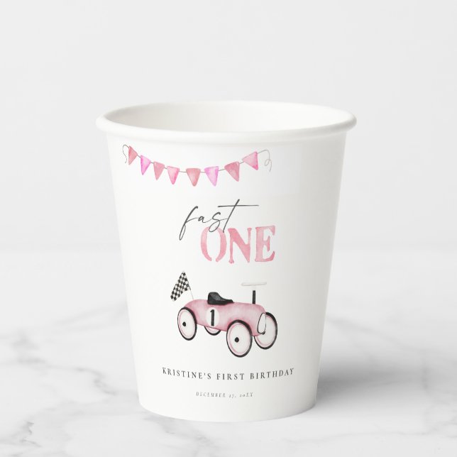 Pink Race Car Ride-On Birthday Paper Cups (Front)