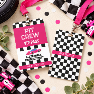 Pink Race Car Vip Pass Pit Crew Birthday Party ID Badge