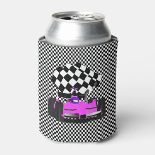 Pink Race Car with Chequered Flag Can Cooler