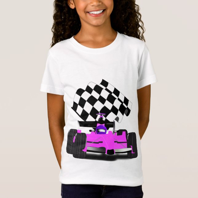 Pink Race Car with Chequered Flag T-Shirt (Front)