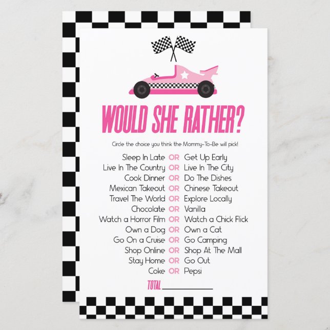 Pink Race Car Would She Rather Baby Shower Game (Front/Back)