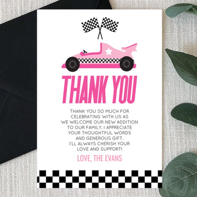 Pink Racecar Race Car Baby Shower Thank You Card (Creator Uploaded)