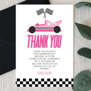 Pink Racecar Race Car Birthday Party Thank You Card